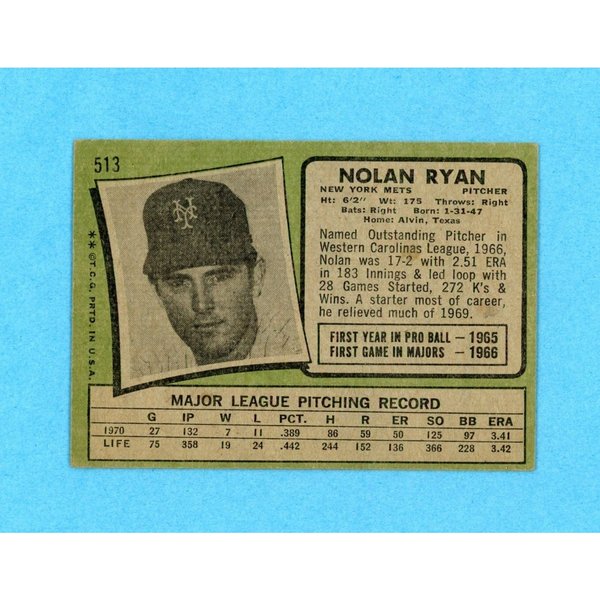 超貴重 状態良好 1971 Topps 513 Nolan Ryan MLB 1971 Topps #513 