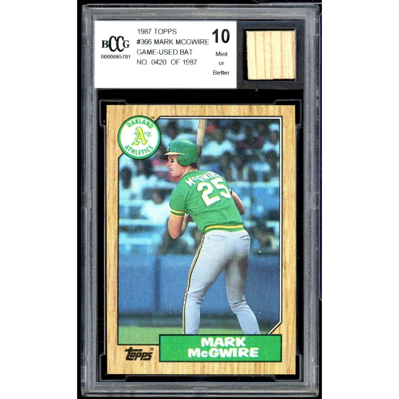 1987 Topps #366 Mark McGwire Rookie Card Game Used Bat BGS BCCG 10 