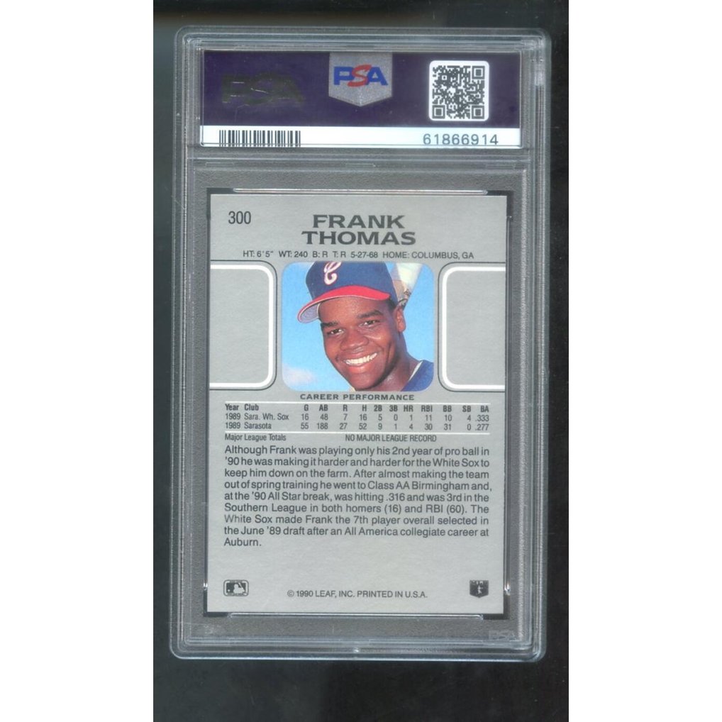 Carte Rookie Frank Thomas 1990 Leaf #300 - Autographiée, Gradée PSA 9, MLB White Sox