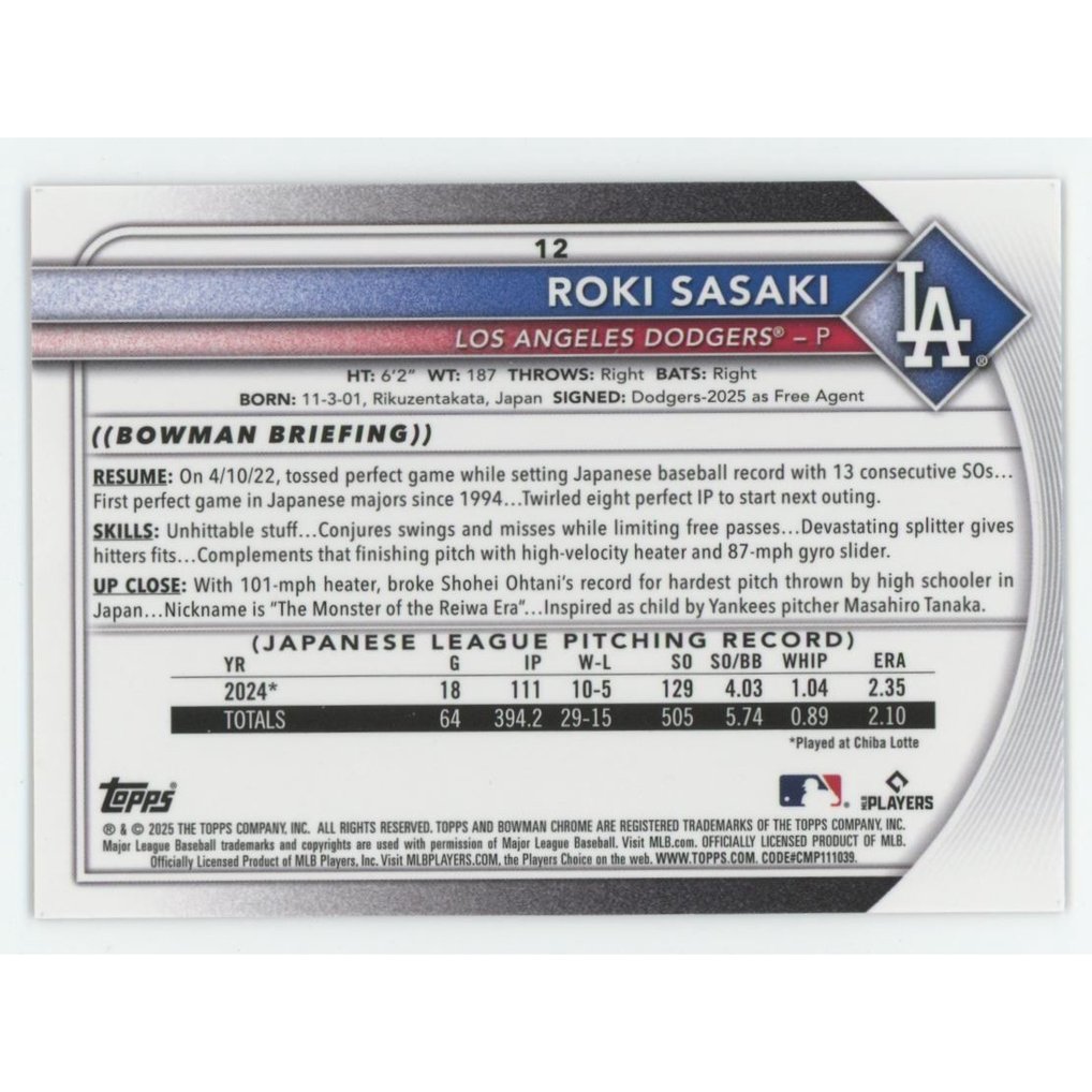 2025 Bowman Chrome Pink Mojo Roki Sasaki Rookie 144/199 Dodgers 