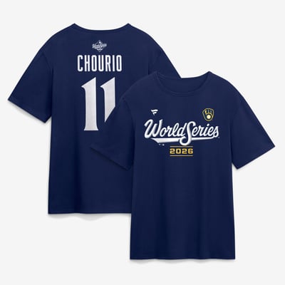 Men's Jackson Chourio Navy Milwaukee Brewers 2026 World Series Name & Number T-Shirt