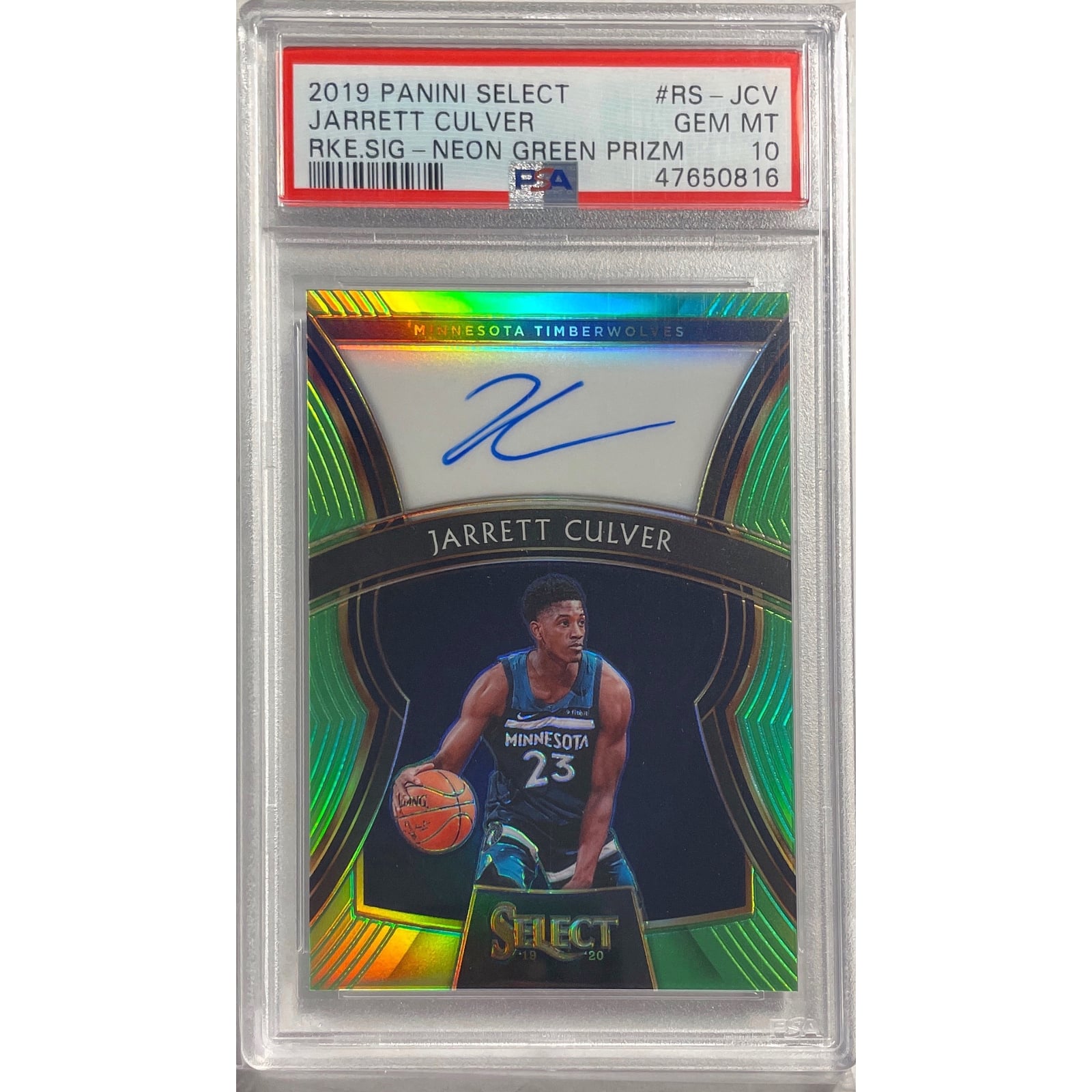Jarrett Culver 2019 Select Neon Green Auto Prizm Rc #d /99 Psa 10 