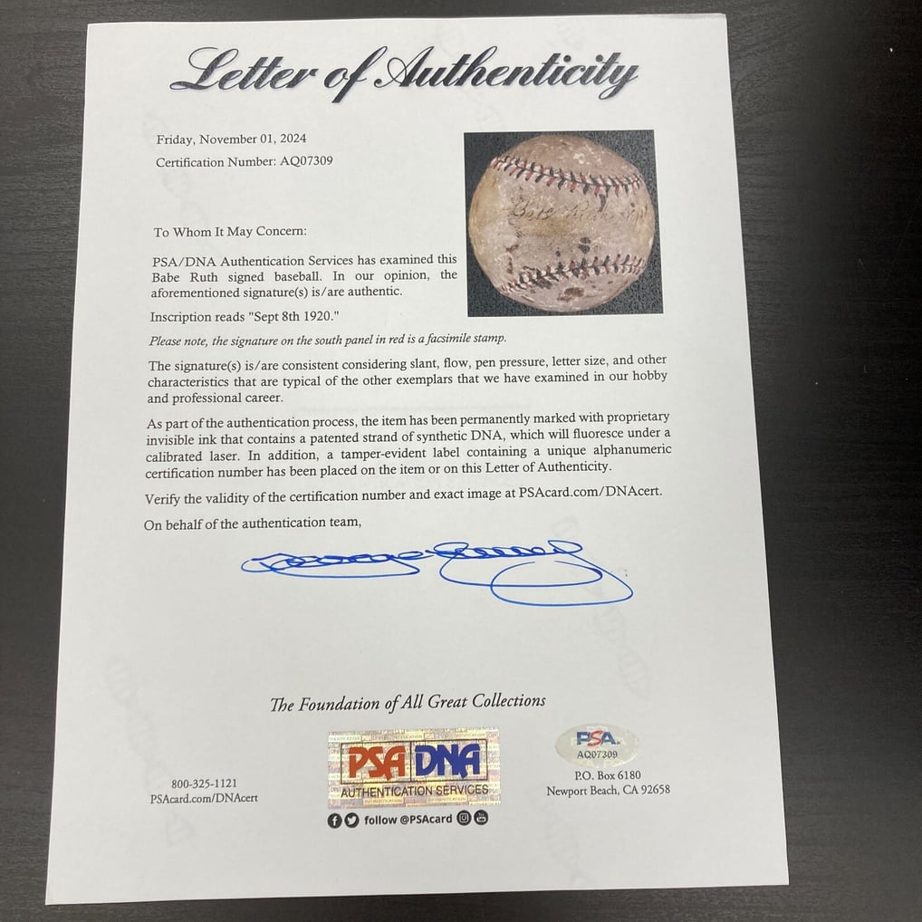 Babe Ruth 1920 Single Signed Official Game Baseball PSA DNA COA