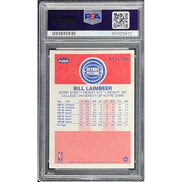 Bill Laimbeer Signed Detroit Pistons 1986 Fleer #61 Psa Auto 10 912