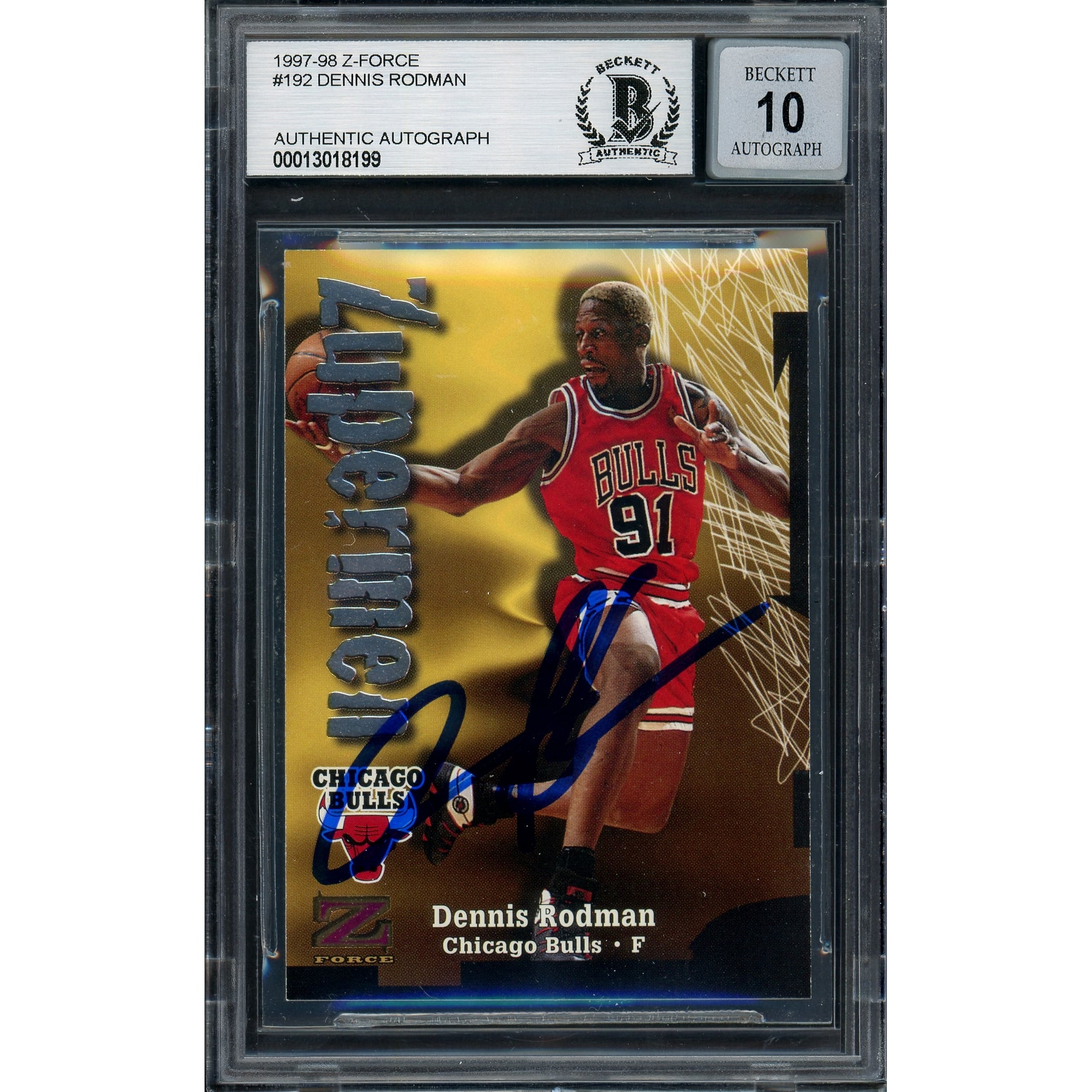 Dennis Rodman Autographed 1997-98 Skybox Zuperman Card #192 