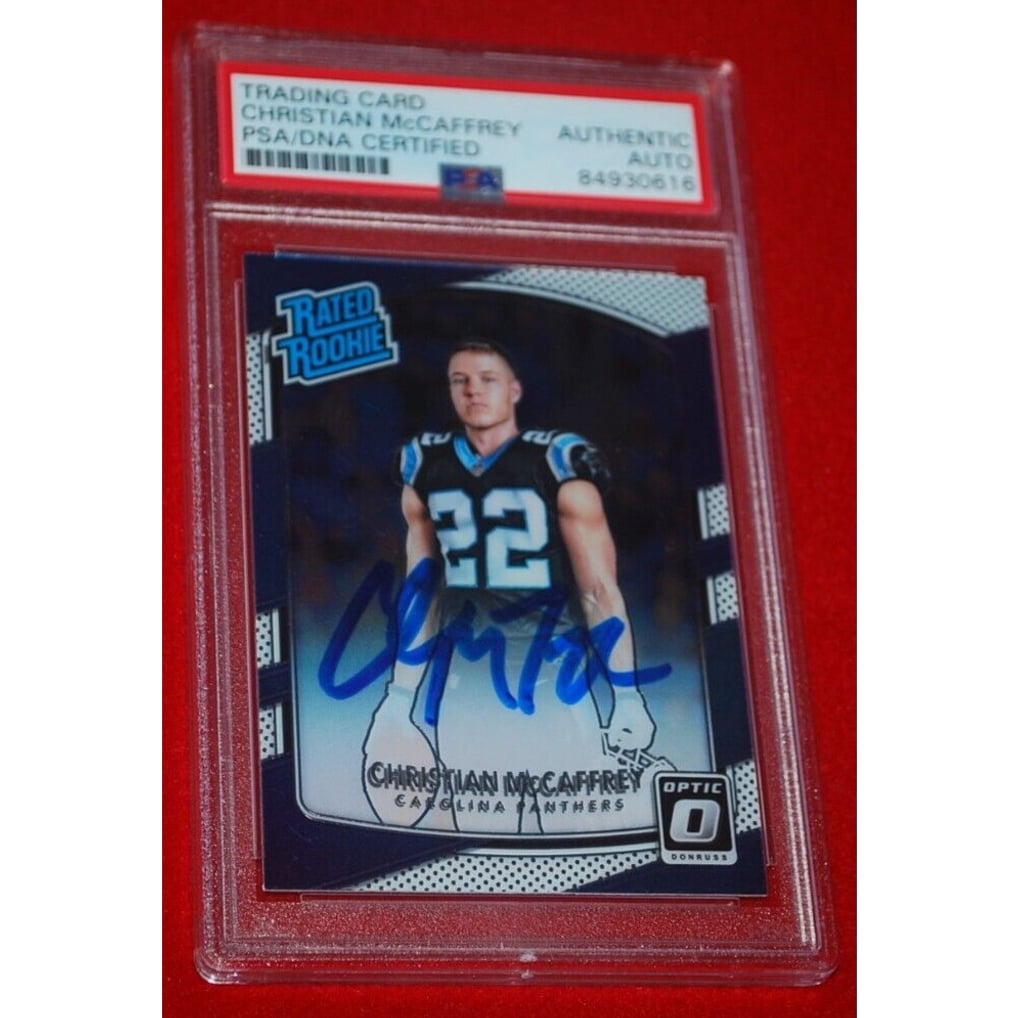 CHRISTIAN McCAFFREY Signed 2017 DONRUSS OPTIC RC Card PSA AUTH AUTO