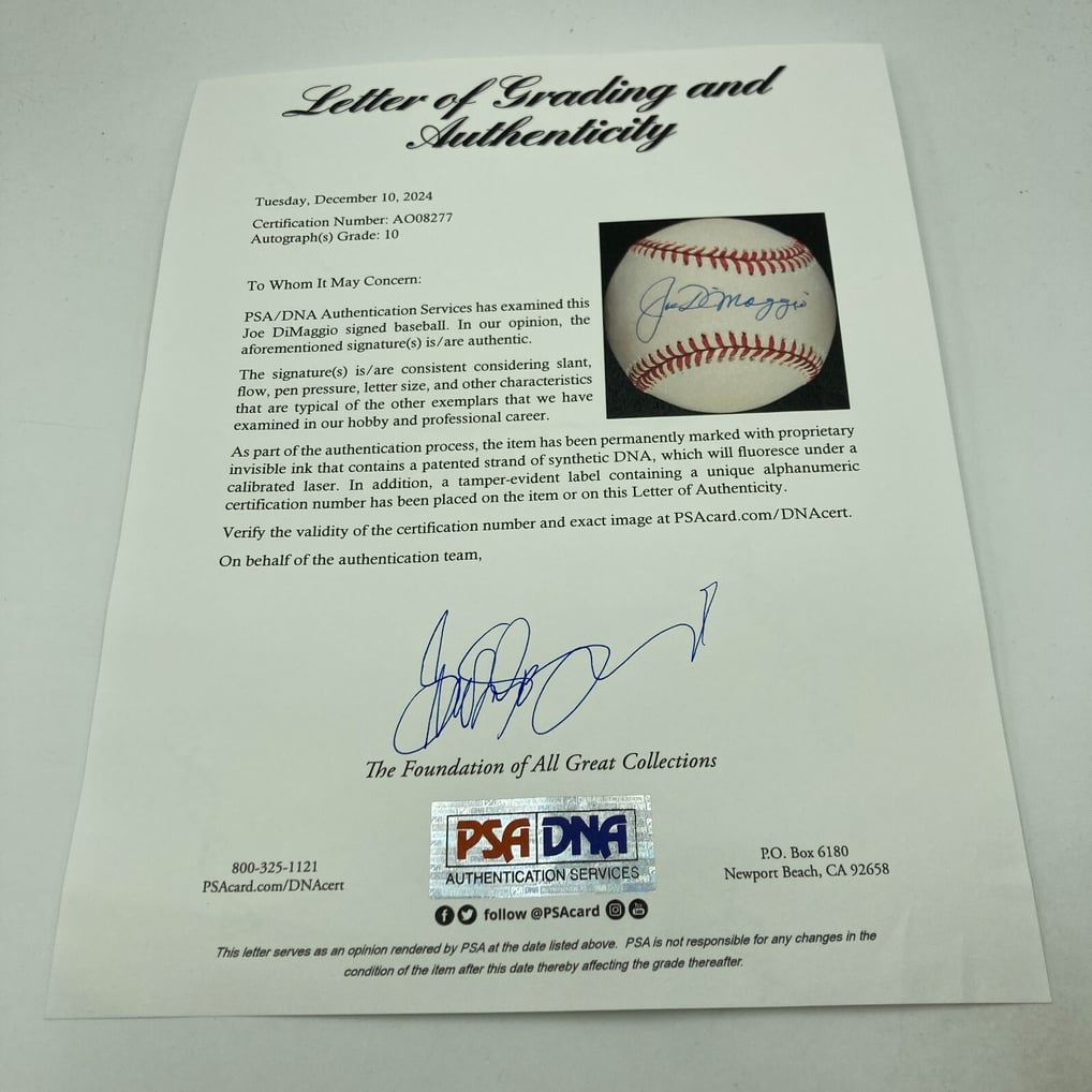 Joe Dimaggio Signed American League Baseball PSA DNA Graded 10 GEM MINT
