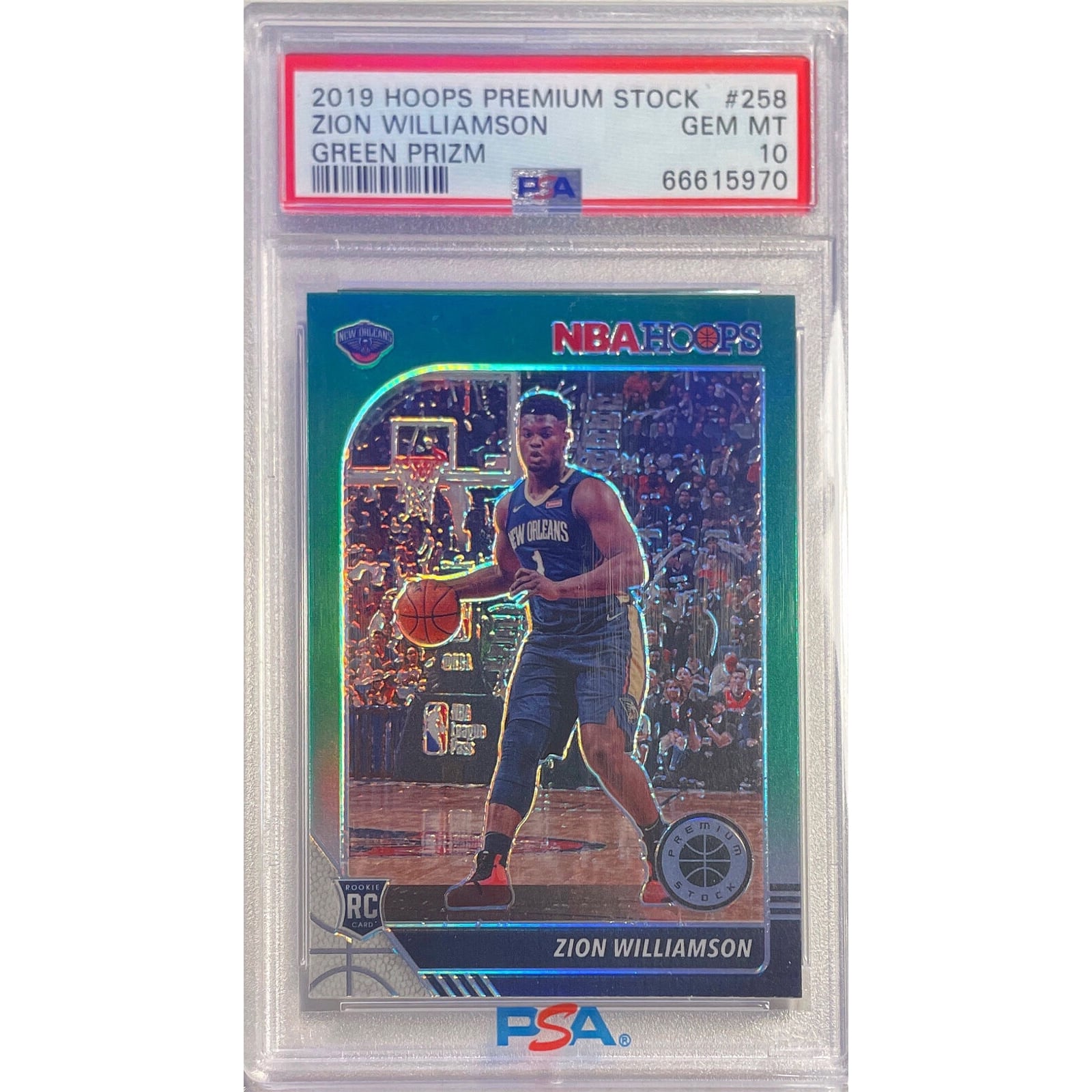 Zion Williamson 2019-20 Hoops Premium Stock Green Prizm Rc #258 