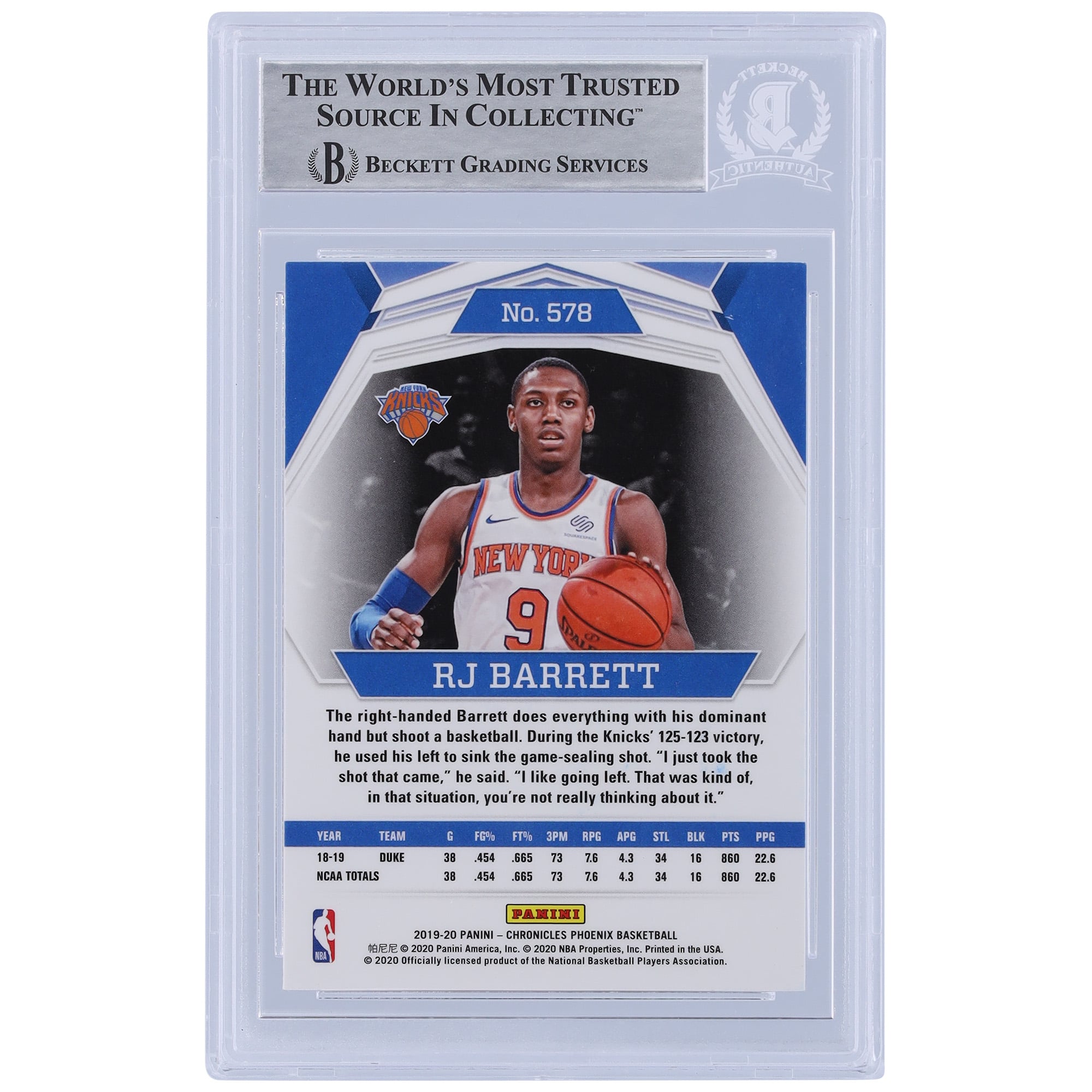 RJ Barrett New York Knicks Autographed 2019-20 Panini Chronicles