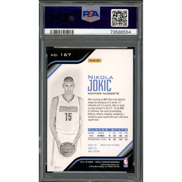 Nikola Jokic Rookie Card 2015-16 Panini Totally Certified #167 PSA 9